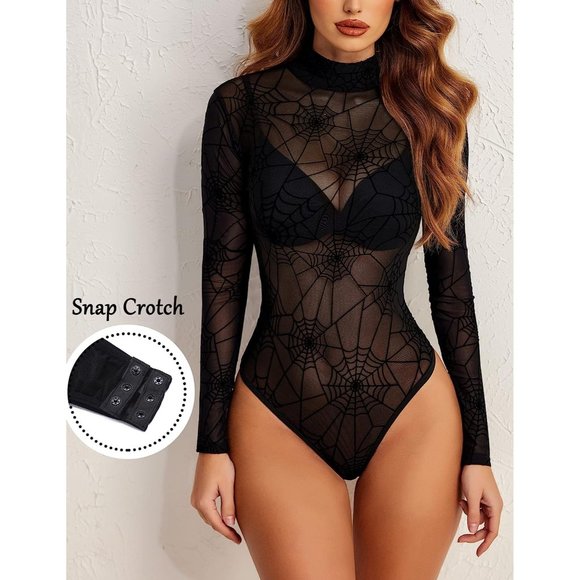 Women's Turtleneck Bodysuit Sheer Mesh Shirt Tops Stretchy Mesh Fitted Shirt Top - Picture 2 of 6